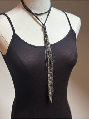 Tassel necklace - Braided leather cord w/ silver chain & leather tassels